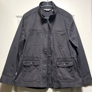 LL Bean Womens Utility Jacket Cotton Pockets Cinch Waist CYA Charcoal Gray L
